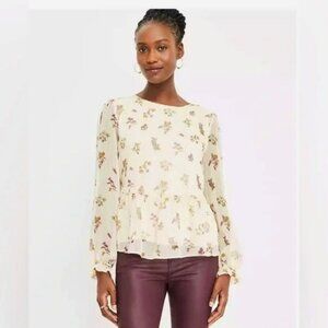 Loft Floral Velvet Trim Peplum Blouse